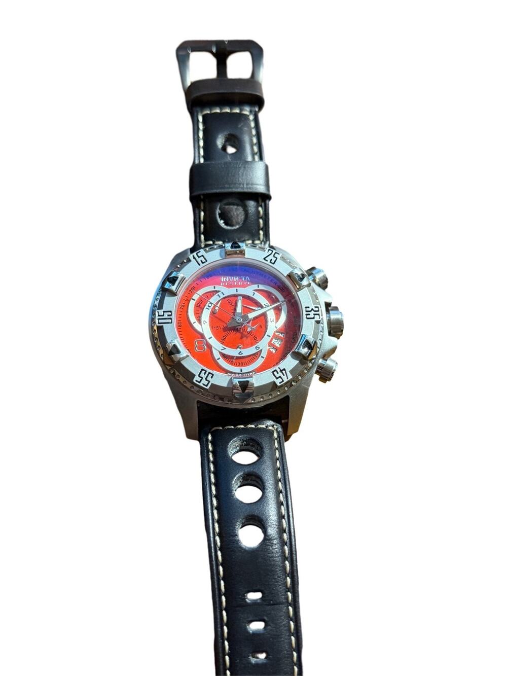 Invicta Excursion Men's Chronograph Watch Red Dial Black Leather Strap